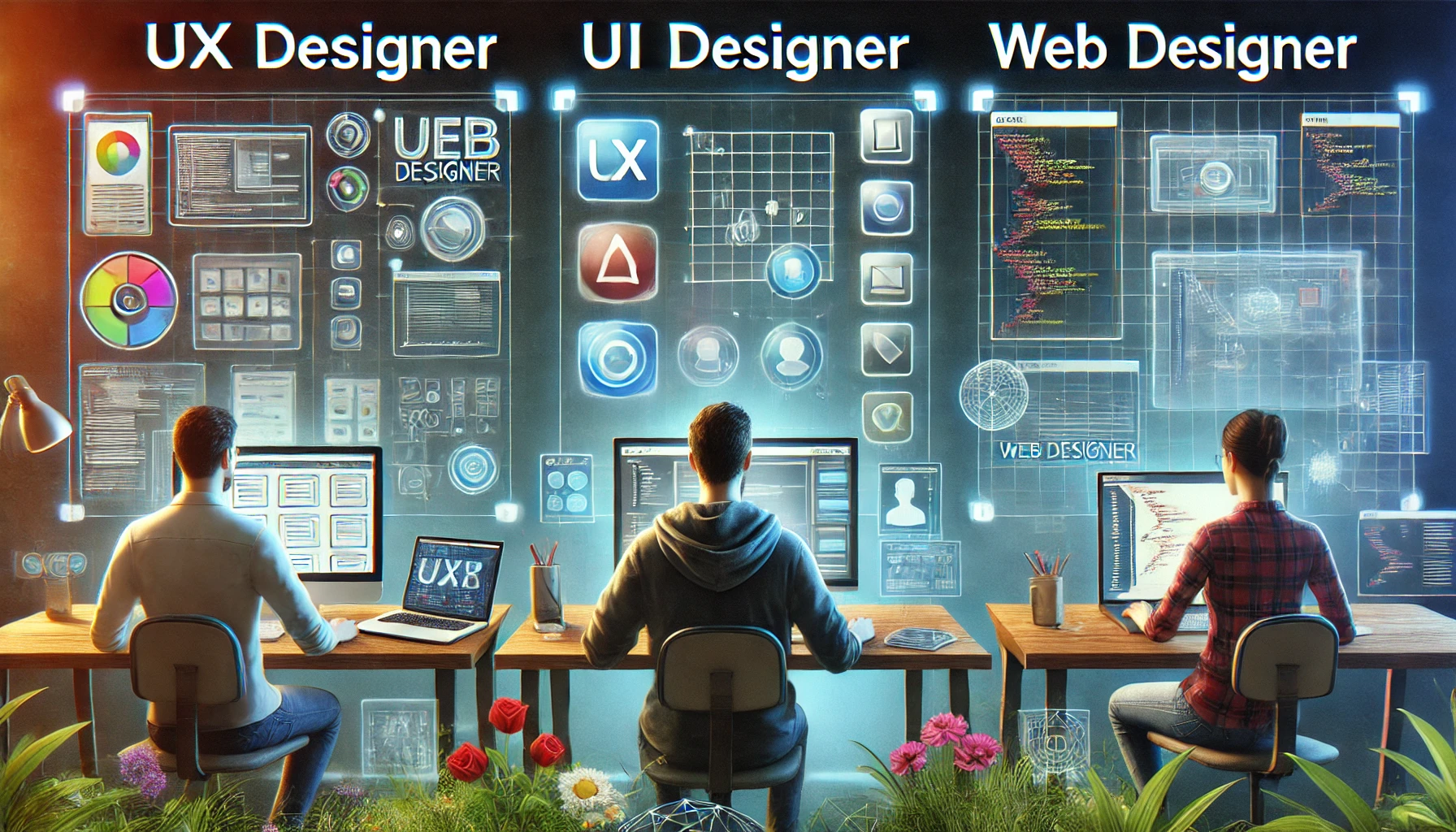 DALL·E 2025 01 12 23.27.24 A realistic illustration depicting three distinct roles in web development a UX designer a UI designer and a web des